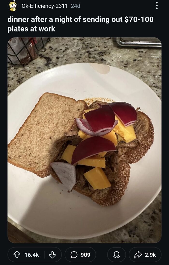 Open-faced sandwich with cheddar cheese, red onion slices, and shredded meat on whole wheat bread on plate, cursed food picture