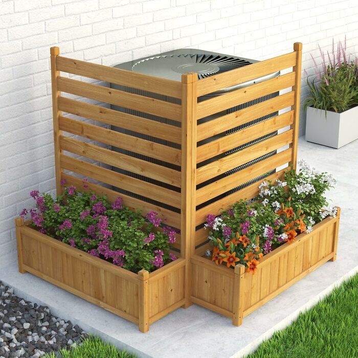 Wooden outdoor planter and privacy screen for air conditioning unit, a popular Amazon wishlist find for garden decor.