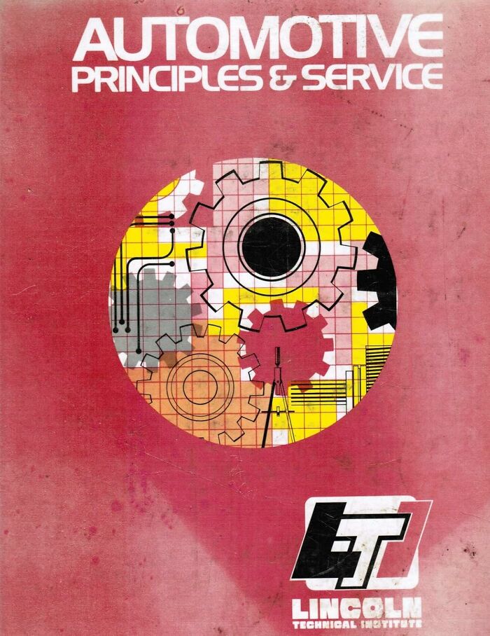 Illustration of colorful gears on a red background with automotive principles and service text at top.