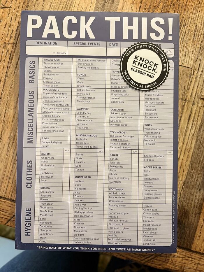 Packing checklist on a notepad featuring essentials and travel items, illustrating old inventions with a major glow up.