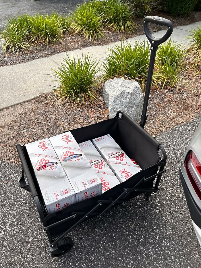 Collapsible garden wagon filled with beverages, parked near landscaped plants and sidewalk in outdoor setting.