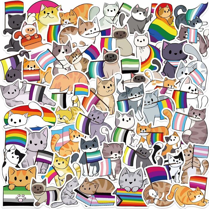 Illustration of cats holding various pride flags representing inclusion and celebration of pride pieces all year round.