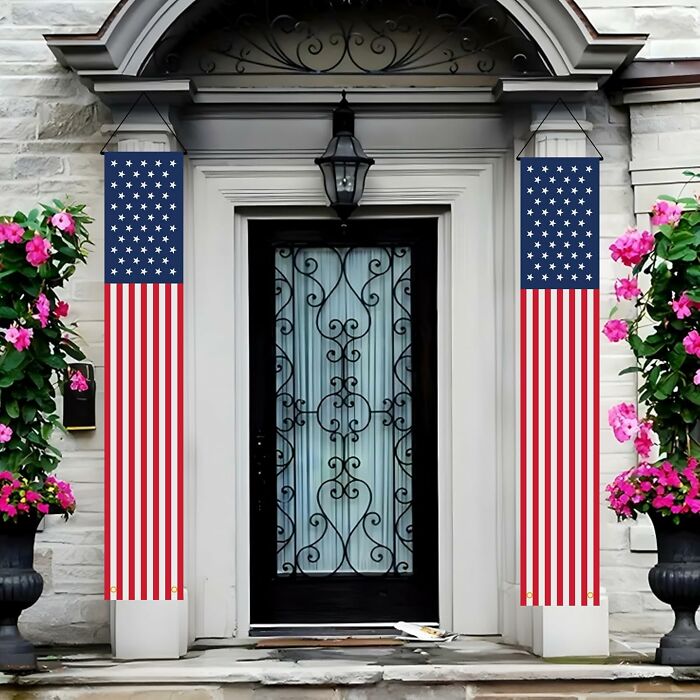 Front door decorated with American flag banners and flower pots, perfect for July 4th parties backyard essentials.