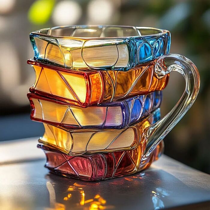Colorful glass coffee mug shaped like a stack of books, one of Amazon's most wished for unique and wonderful items.
