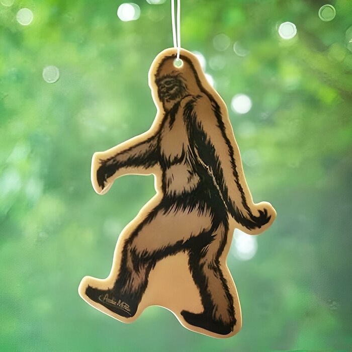 Sasquatch-shaped car air freshener hanging inside the car, one of the clever car finds to trick out your commute.