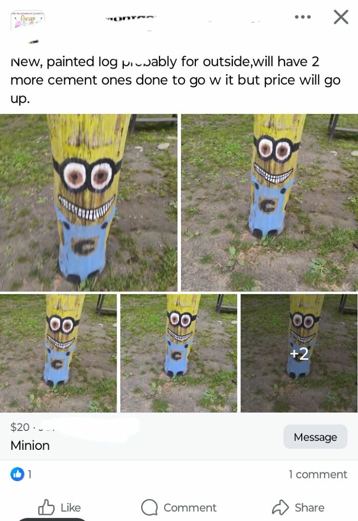 Painted log DIY project attempt resembling a minion, showcasing a craft shaming example from horrendous DIY projects collection.