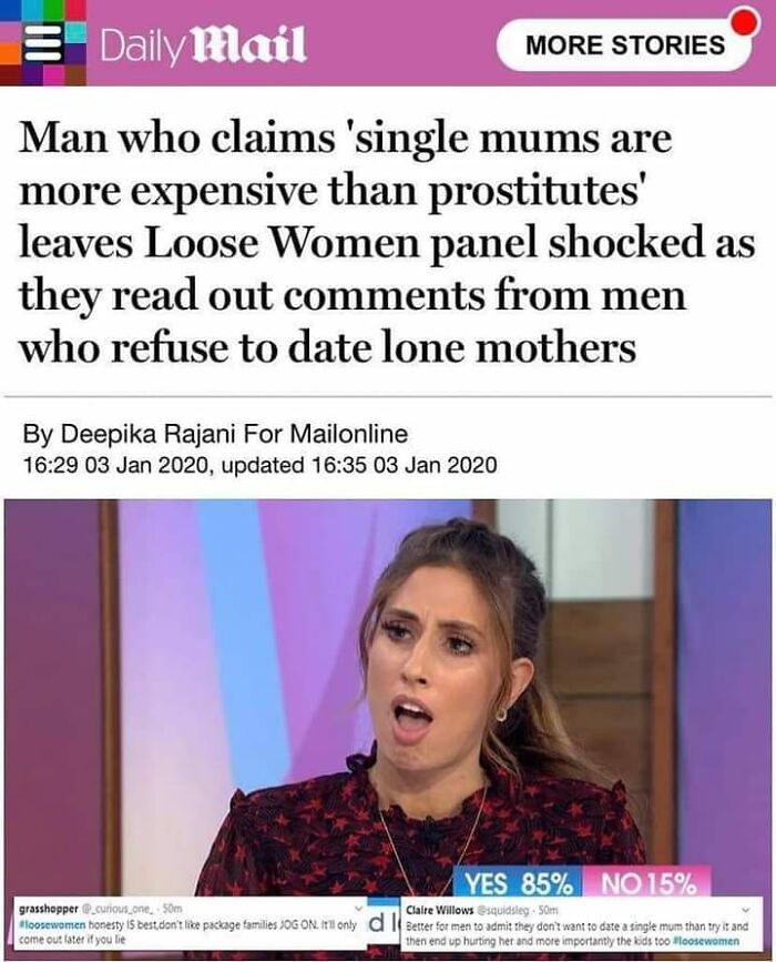 Woman on Loose Women panel reacting to shocking comments about dating single mothers in a relationship discussion.