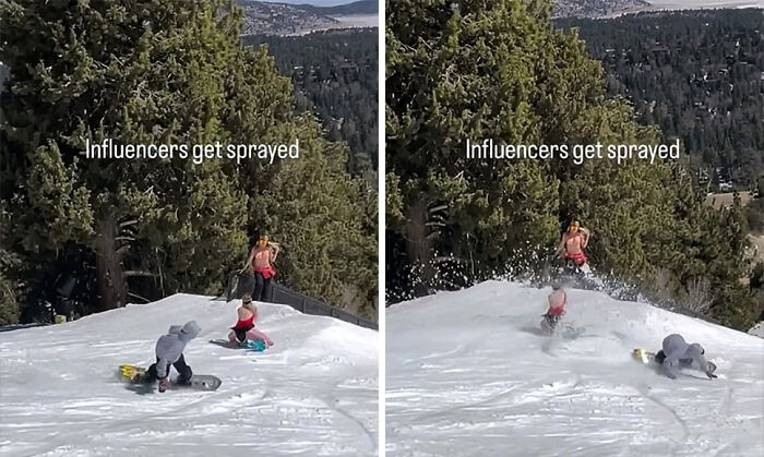 Snowboarders spray snow on unhinged influencers performing risky stunts for views on a snowy mountain slope.