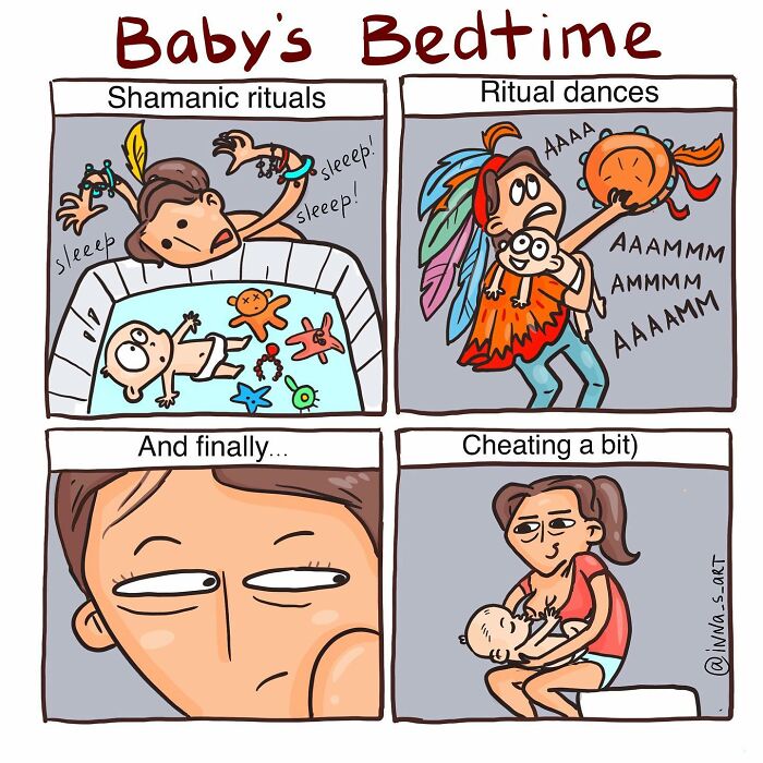 Comic strip showing humorous moments of a viral mom capturing parenthood's chaos during baby's bedtime rituals.