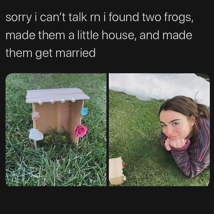 Introvert enjoying quiet time building a tiny frog house and playfully pretending to marry two frogs outdoors.