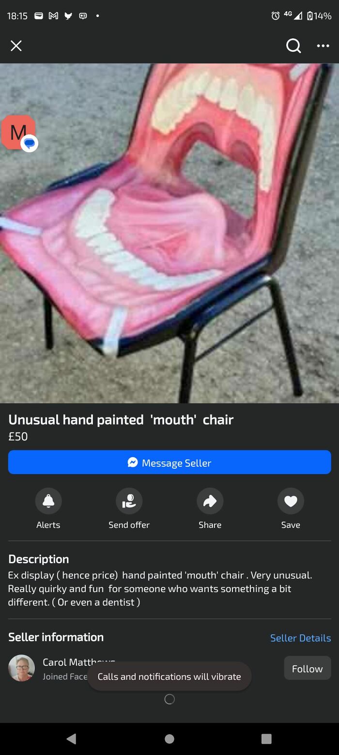 Hand painted DIY chair with an unusual mouth design, showcasing one of the horrendous craft projects in need of shaming.