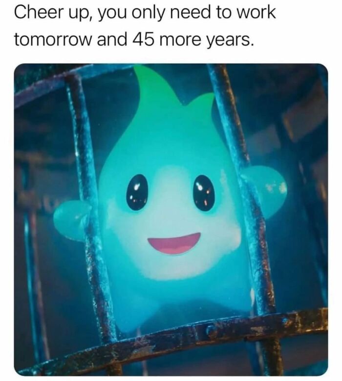 Cartoon blue flame smiling behind metal bars with text about working 45 more years, funny work memes concept.