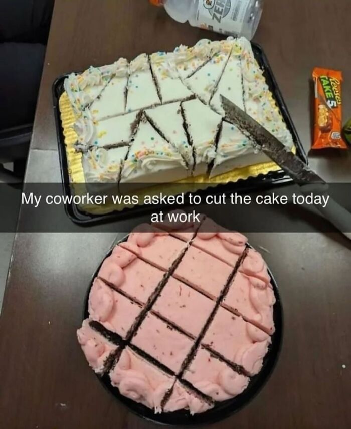 Two improperly cut cakes with uneven slices on a table, illustrating cursed pictures of food that might make you eeeeuw.