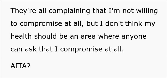 Woman refuses to put her health at risk for sister&rsquo;s wedding photo, causing family upset and complaints about compromise.