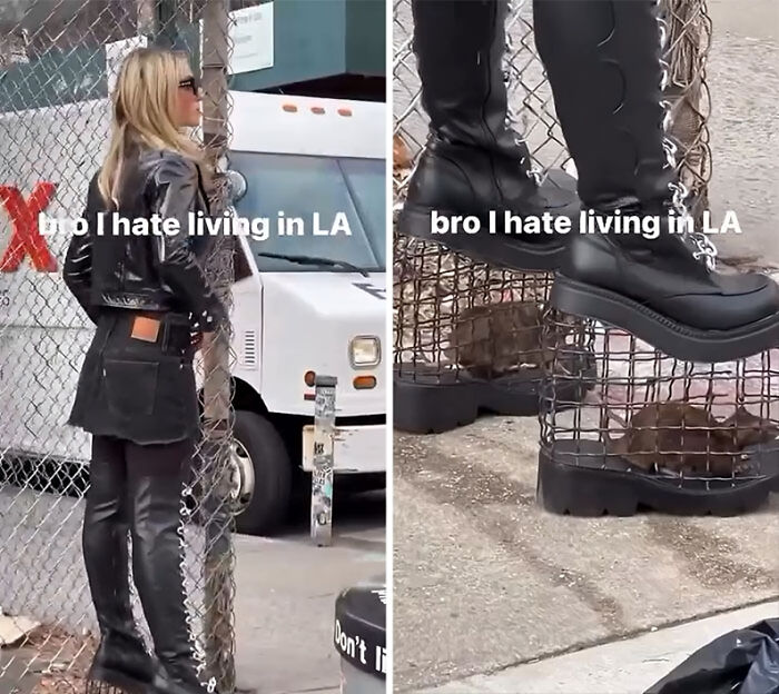 Influencer standing by a fence and stepping on a rat trap, showing unhinged actions for views and social media fame.