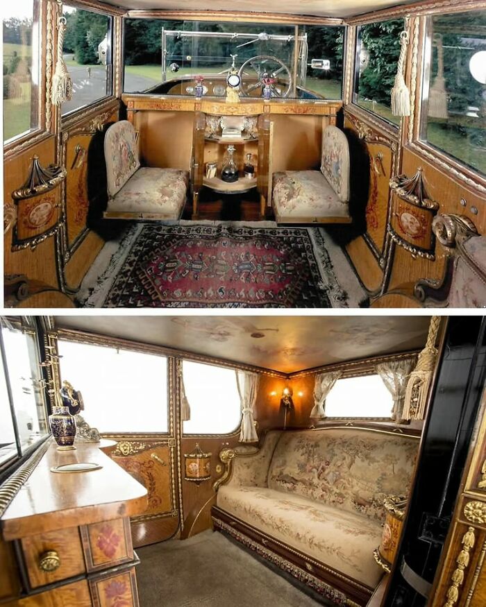 Luxurious vintage car interiors with ornate woodwork and embroidered upholstery, showcasing historical craftsmanship in archaeology world.