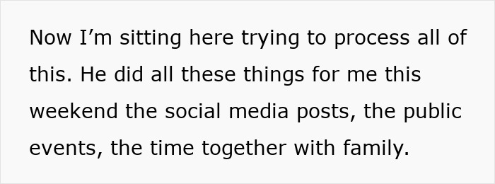 Text excerpt about wife processing her husband's actions amid affair, reflecting confusion in bizarre relationship situation.