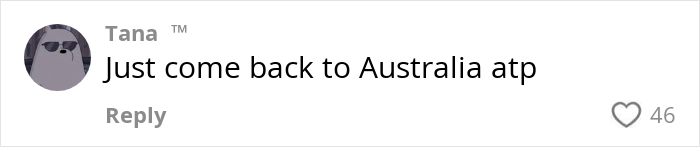 Social media comment on Aussie influencer in the US discussing cost of living and expressing desire to return to Australia.
