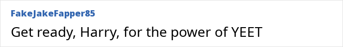 Text post from user FakeJakeFapper85 saying Get ready, Harry, for the power of YEET in a plain white background.