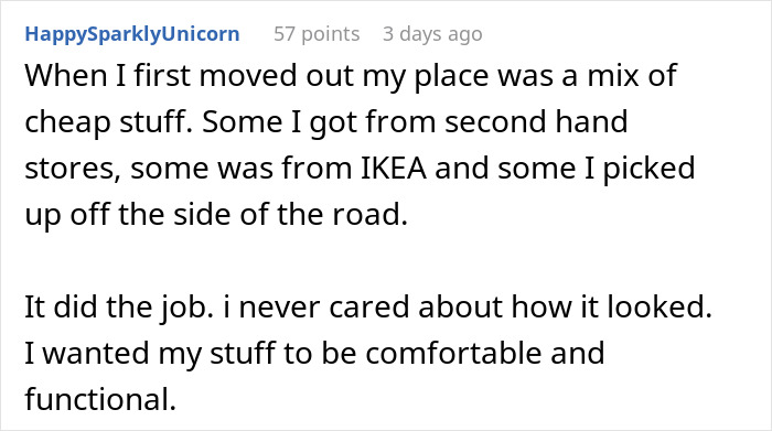 Text post discussing moving out with a mix of cheap furniture and not caring about how the place looked. Text post discussing moving out with a mix of cheap furniture and not caring about how the place looked.