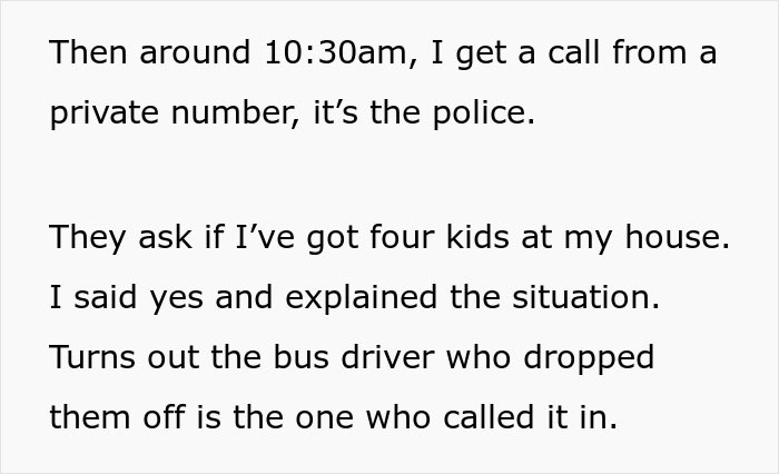 Text message describing a police call about four kids at home, highlighting poor parenting and babysitting concerns.