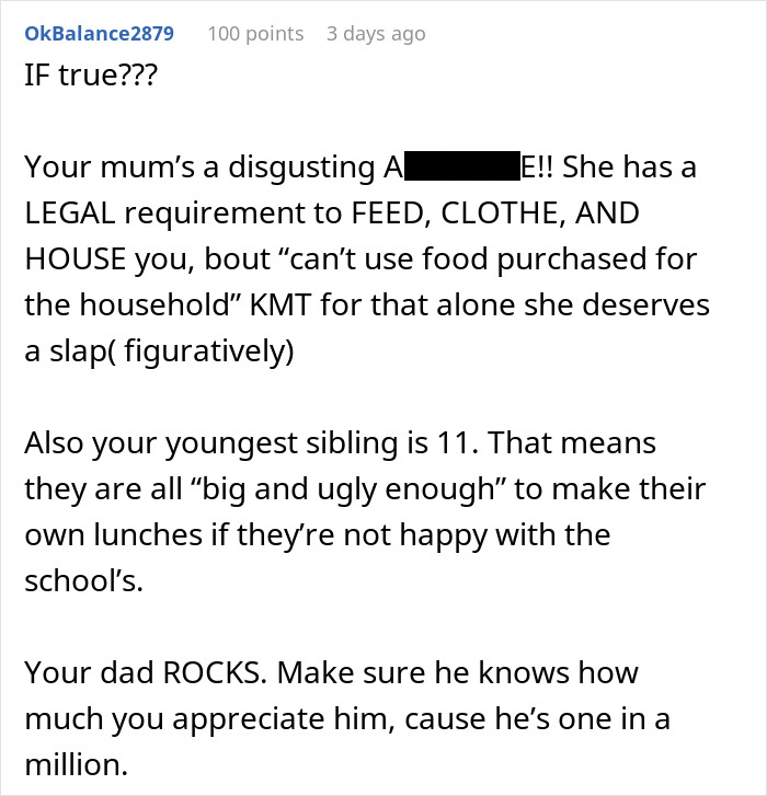 Alt text: Online comment discussing mom guilt-trips son who makes lunch only for himself and not his siblings in a family dispute.