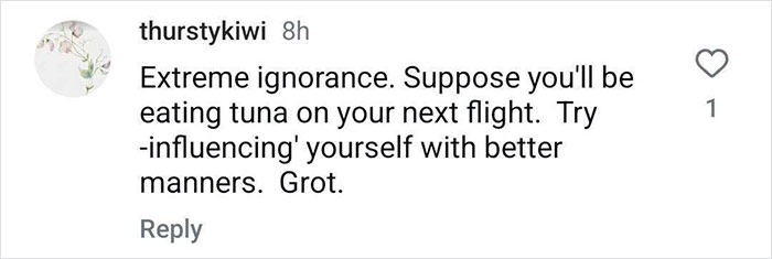 Comment criticizing a plane passenger for making a salad mid-flight, calling it extreme ignorance and bad manners. Comment criticizing a plane passenger for making a salad mid-flight, calling it extreme ignorance and bad manners.