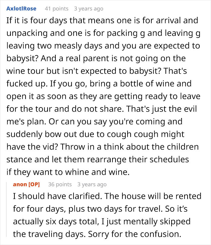 Commenter discussing expectations to babysit during a family holiday and strategies to avoid doing so.
