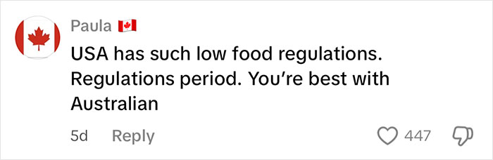 Comment by user Paula with Canadian flag, discussing US food regulations compared to Australian standards in a social media reply.