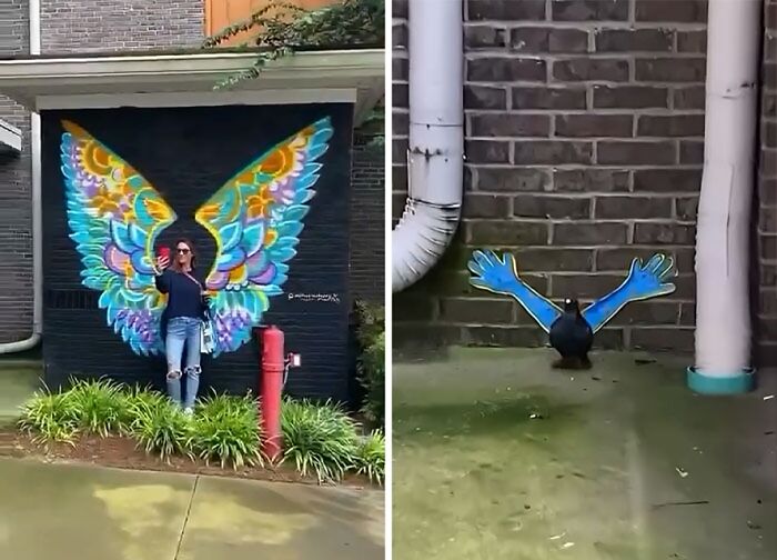 Person posing with colorful painted wings on a wall next to a bird with painted wings, showcasing unhinged influencers.