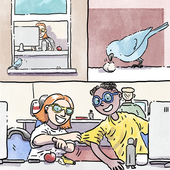 Illustration of a heartfelt wordless comic showing life moments with a dog, cat, and joyful people at workspaces.