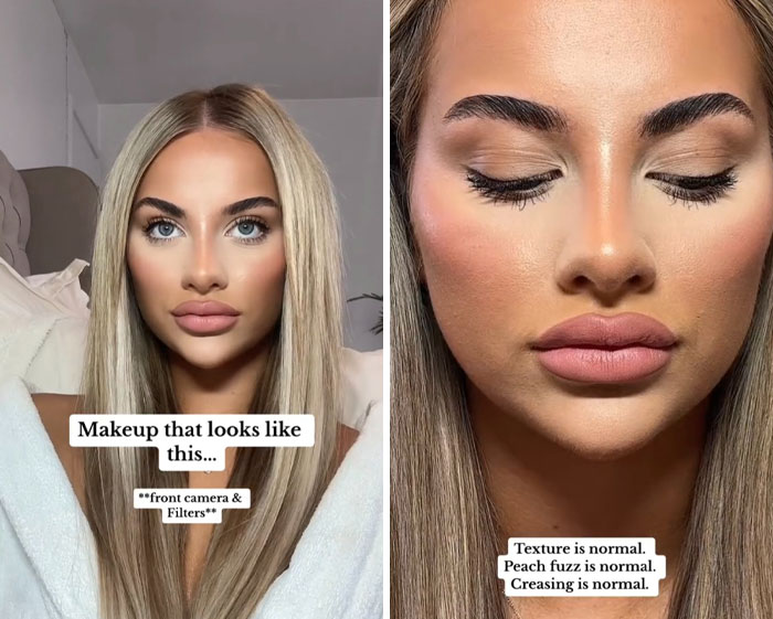 Side-by-side comparison of a woman’s face with makeup using filters versus natural appearance without filters.