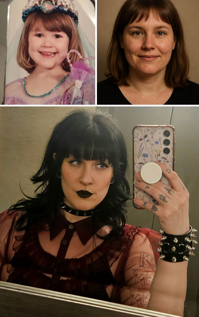 Three photos showing a person’s transformation from childhood to adulthood as part of ChatGPT aging predictions.