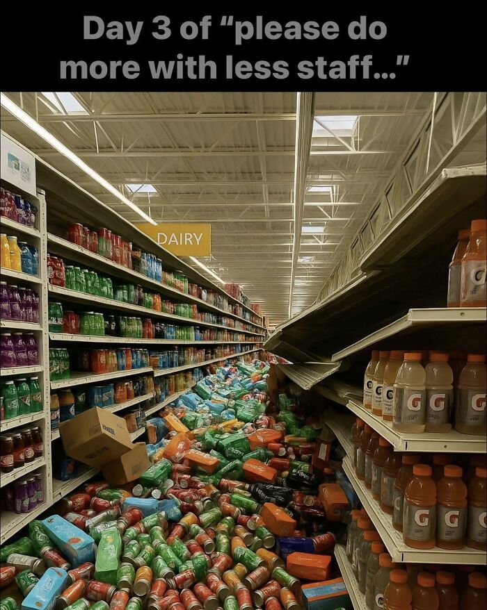 Grocery aisle with fallen soda cans and bottles, humorously depicting a chaotic work situation, funny work memes concept.