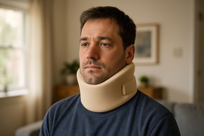 A man wearing a neck brace, looking somber indoors, representing people ruining their entire life with one wrong deed.