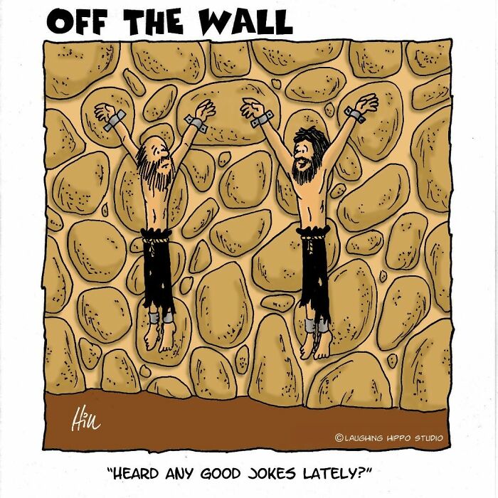 Cartoon of two dungeon prisoners chained to a stone wall, humorously capturing dungeon fails in offbeat comic style.