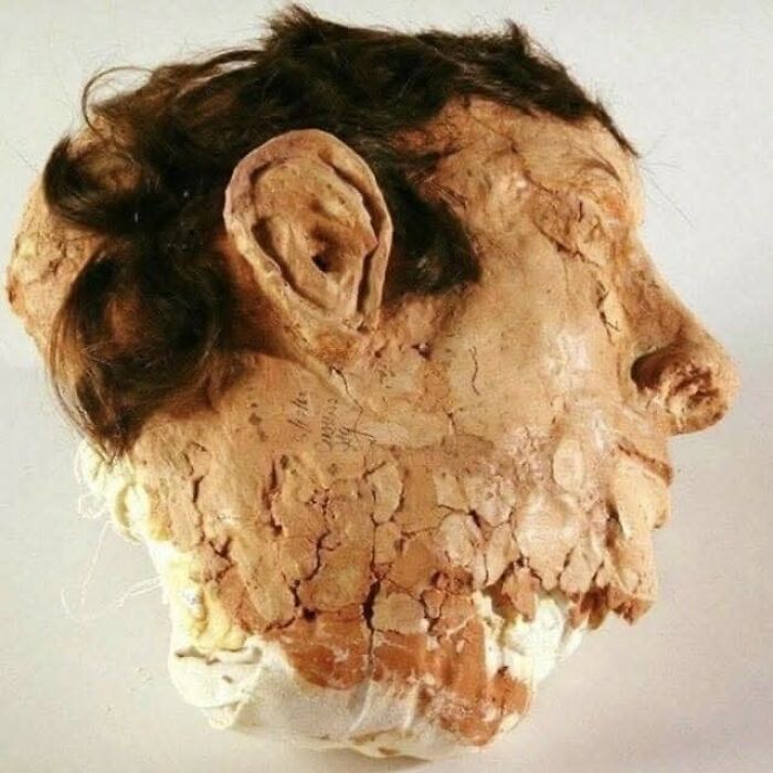 Preserved ancient clay mask with hair fragments, showcasing detailed craftsmanship in archaeology world discoveries.