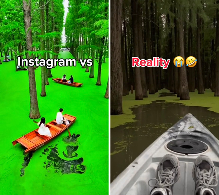 Two side-by-side travel moments showing Instagram vs reality in a green forest waterway with boats and kayaking shoes.