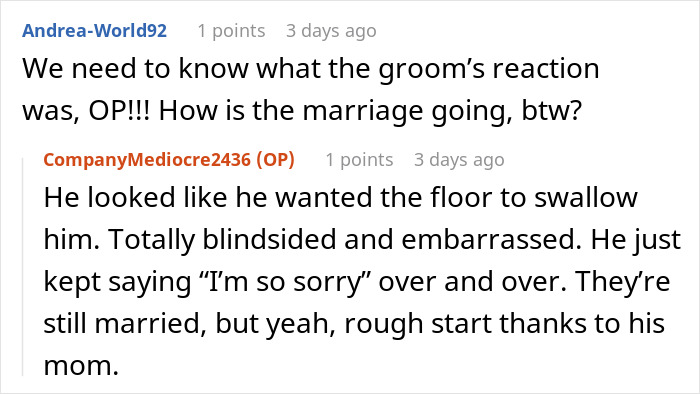 Commenters discuss groom&rsquo;s reaction and marriage status after groom&rsquo;s mom shows up in wedding dress, ruining couple&rsquo;s wedding day.