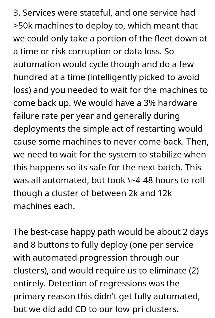 Text excerpt discussing the challenges of stateful service deployment and automation in employee unworkable deployment rule compliance.