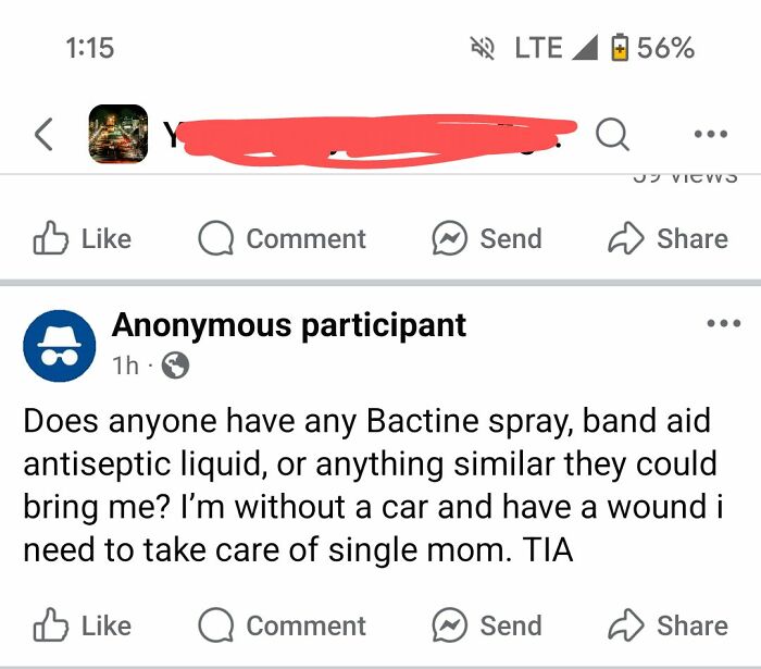 Facebook post requesting Bactine spray or antiseptic liquid to care for a wound, referencing single moms need not want.