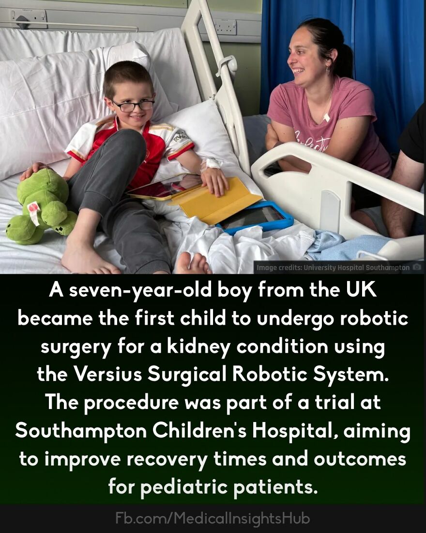 Seven-year-old boy in hospital bed with family, highlighting curious medical facts about fingers containing no muscles.