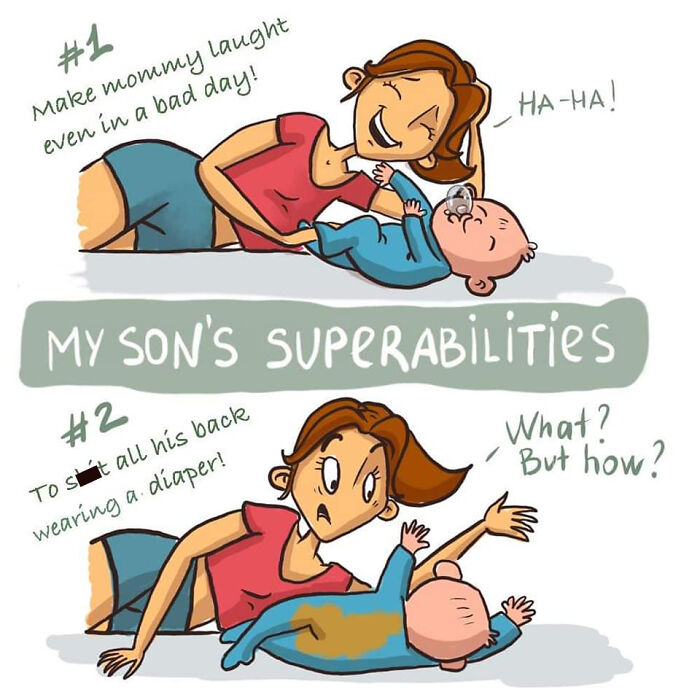 Mom playing and laughing with baby in humorous comic strip capturing parenthood's chaos and everyday superabilities.