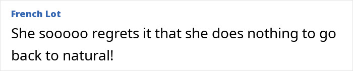 Comment text in black font on a white background expressing regret about not returning to a natural look after a breast job.