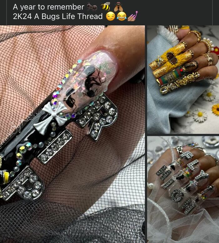 Close-up of intricate yet unusual DIY nail art with rhinestones, bugs, and detailed embellishments in a craft shaming context.