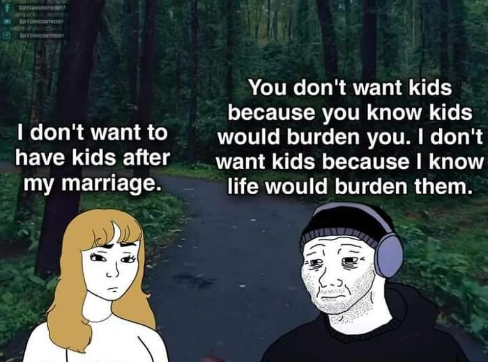Illustration of a couple discussing burdens of marriage and kids, highlighting exhausting relationship struggles in a forest setting.