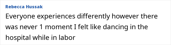 Text post by Rebecca Hussak stating she never felt like dancing in the hospital during labor, referencing Meghan Markle pregnancy twerking video conspiracy.