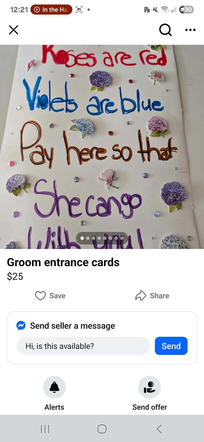 Handmade groom entrance card with decorated flowers and colorful handwritten poem in a DIY craft shaming example.