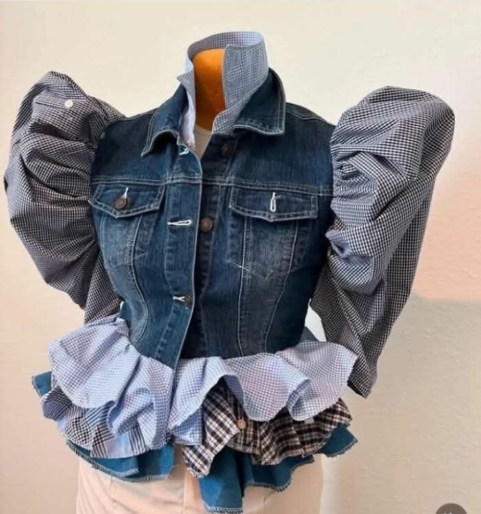 Patchwork denim and checkered fabric jacket with exaggerated puffed sleeves, showcasing a horrible craft design fail.