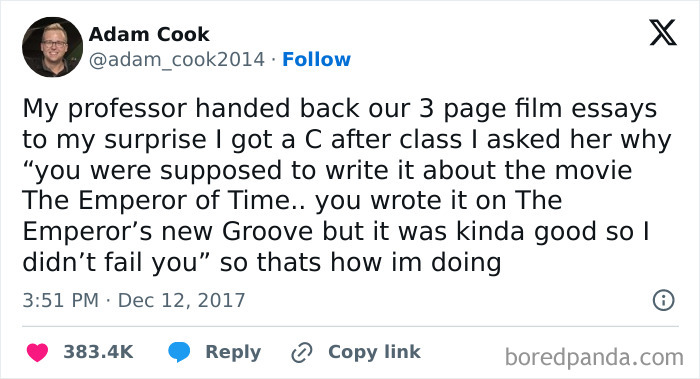 Screenshot of a hilarious tweet about a professor grading a film essay mix-up shared on a popular humor IG page.